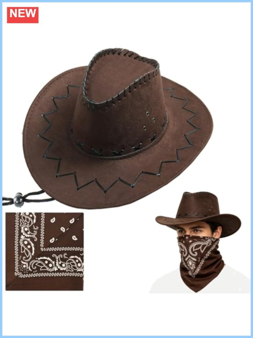 Faux Suede Cowboy Hat Wide Brim Western Party Outdoor Adjustable Chin Strap